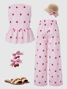 SHEIN Tween Girl) Tank Top Bow Button Long Pants Beach Holiday Family Matching Vacation 2 Pieces Set Pink And Red Summer Cute Tropical - Pink - View 2