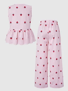 SHEIN Tween Girl) Tank Top Bow Button Long Pants Beach Holiday Family Matching Vacation 2 Pieces Set Pink And Red Summer Cute Tropical - Pink - View 5