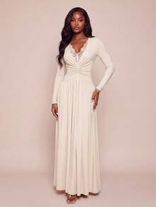 Lumalex Women's Elegant Ivory Lace Patchwork Deep V-Neck Pleated Slimming Elegant Long Dress, Suitable For Vacation, Party, Cocktail, Date And Other Occasions - Apricot - View 4