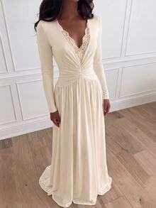 Lumalex Women's Elegant Ivory Lace Patchwork Deep V-Neck Pleated Slimming Elegant Long Dress, Suitable For Vacation, Party, Cocktail, Date And Other Occasions - Apricot - View 3