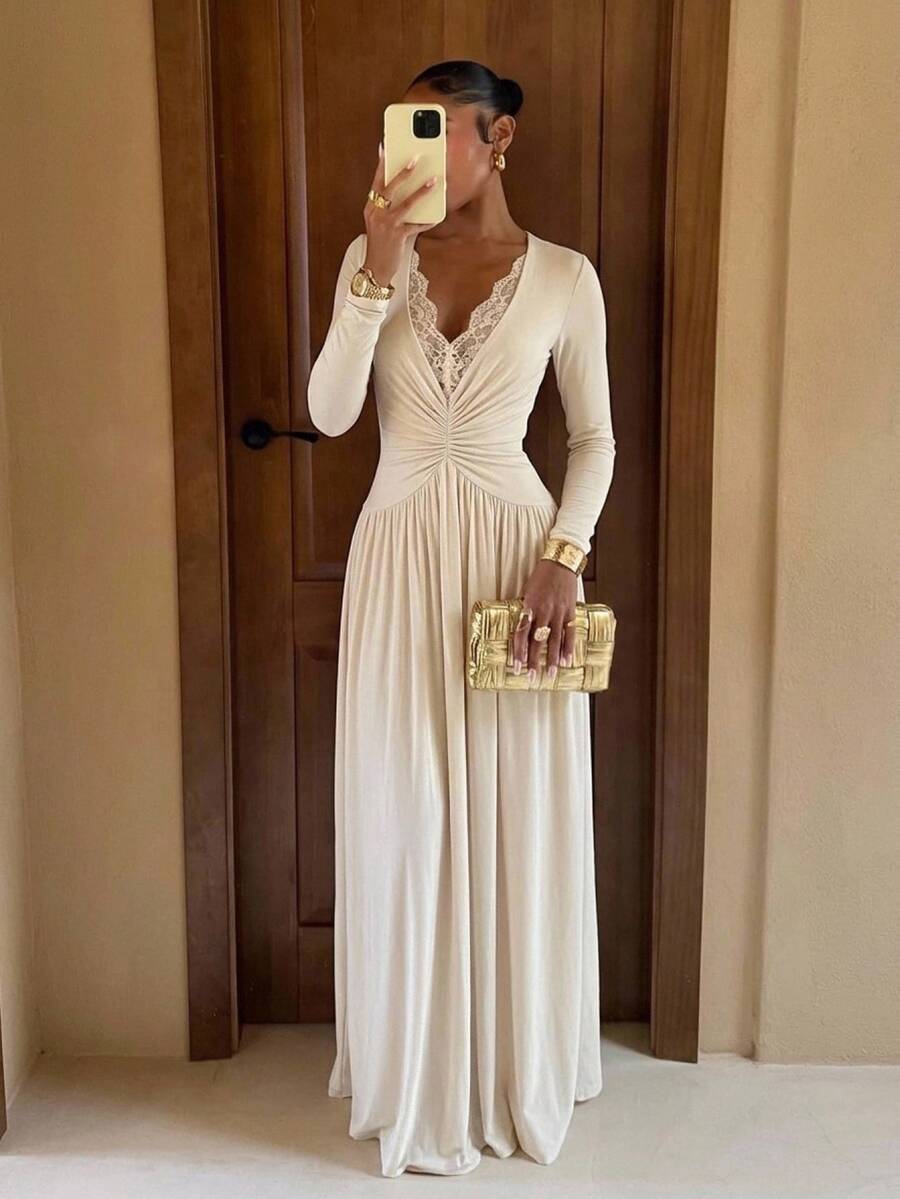 Lumalex Women's Elegant Ivory Lace Patchwork Deep V-Neck Pleated Slimming Elegant Long Dress, Suitable For Vacation, Party, Cocktail, Date And Other Occasions