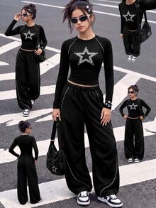 SHEIN Teen Girls Fall Outfits Fall Tops 2pcs/Set Round Neck Black Teenager Casual Streetwear Y2k Outfit, Holiday Outfits, Comfortable Gifts - Black - View 2