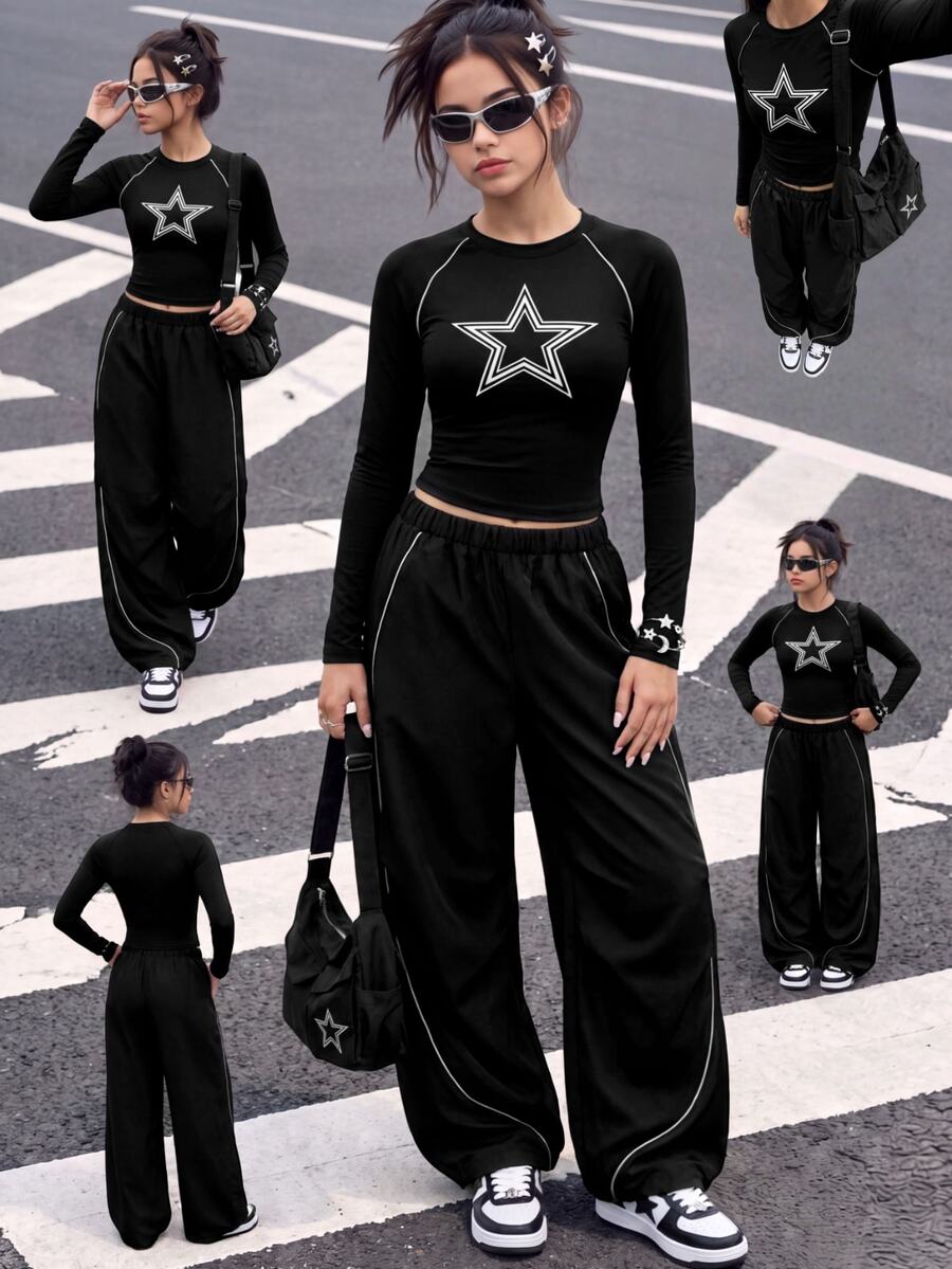 SHEIN Teen Girls Fall Outfits Fall Tops 2pcs/Set Round Neck Black Teenager Casual Streetwear Y2k Outfit, Holiday Outfits, Comfortable Gifts