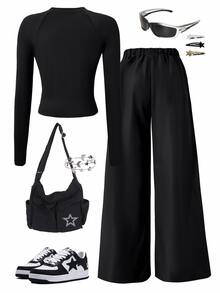 SHEIN Teen Girls Fall Outfits Fall Tops 2pcs/Set Round Neck Black Teenager Casual Streetwear Y2k Outfit, Holiday Outfits, Comfortable Gifts - Black - View 3