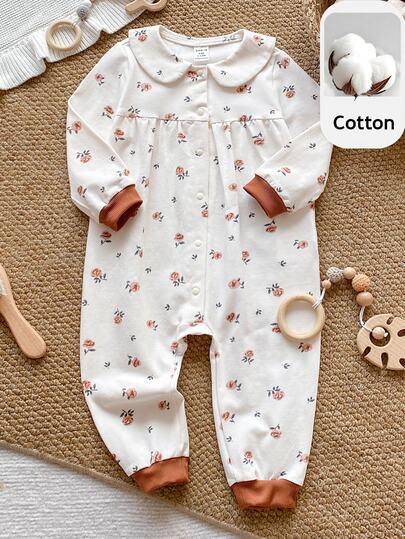 PrepCrw Newborn Baby Girl Ditsy Floral Knit Romper With Peter Pan Collar, Autumn/Winter Cotton Family Matching Photoshoot White Family Matching Cute