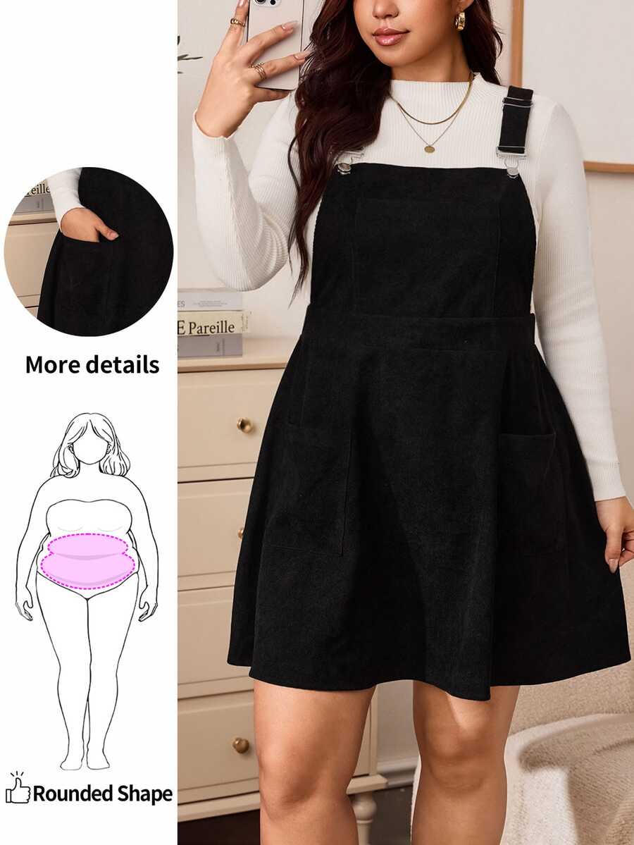 Enliva Plus-Size Women's Black Corduroy A-Line Dress With Pockets Apple,Rounded Body Winter Dresses - Black - View 1