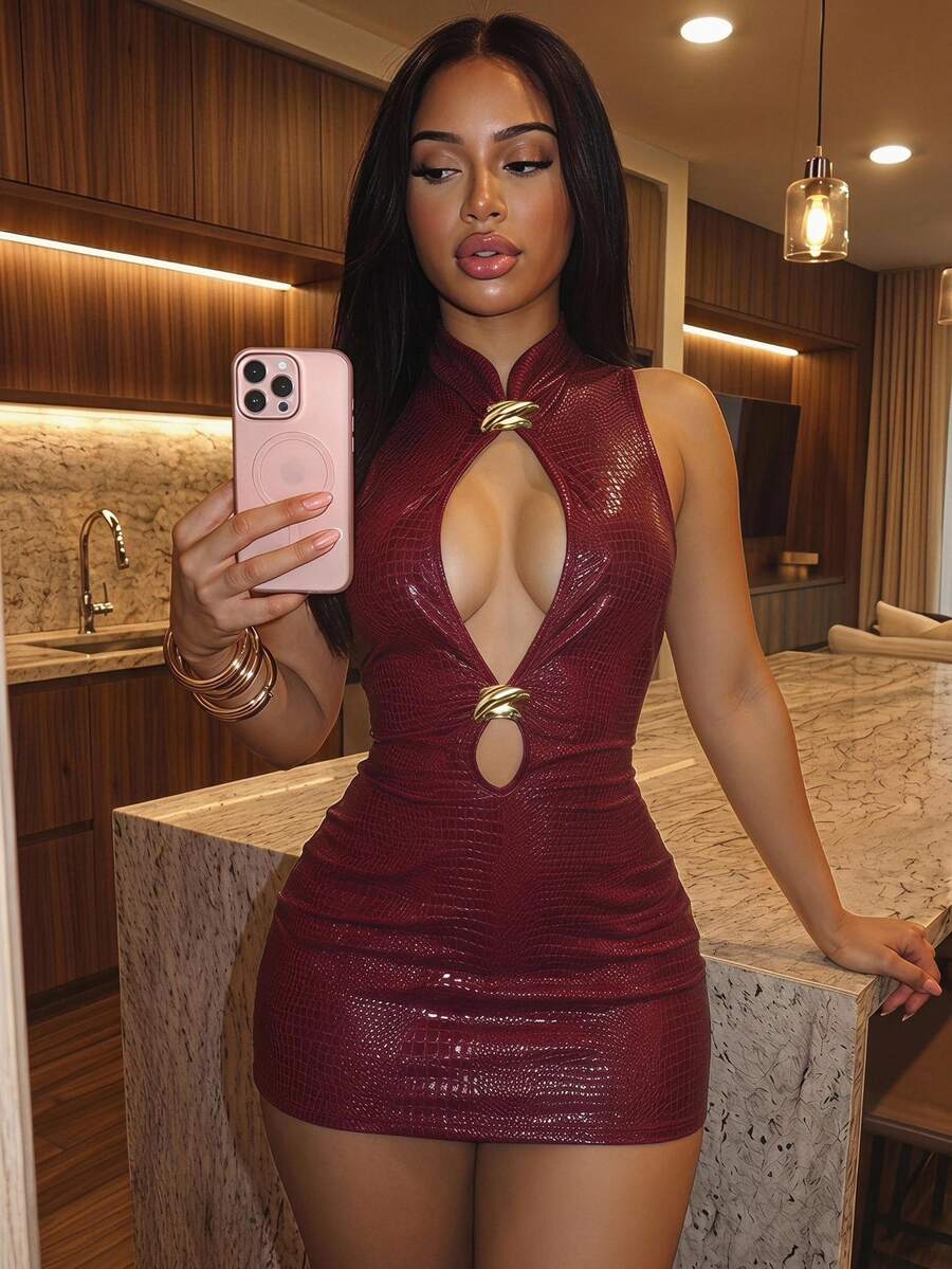 Slaydiva 新款派对、生日、鸡尾酒会、情人节、万圣节、圣诞节、婚礼、日常穿着中式旗袍风性感露背镂空金属装饰酒红色PU迷你连衣裙无袖连衣裙女装Y2K连衣裙红色连衣裙