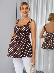 Momance Maternity Camisole Spaghetti Strap, Wide Strap, Cup Design, Front Ruched Tie Design, A-Line Hem, Digital Printed Polka Dot Strap Gender Reveal Summer - Brown - View 8