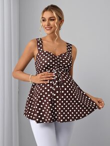 Momance Maternity Camisole Spaghetti Strap, Wide Strap, Cup Design, Front Ruched Tie Design, A-Line Hem, Digital Printed Polka Dot Strap Gender Reveal Summer - Brown - View 9