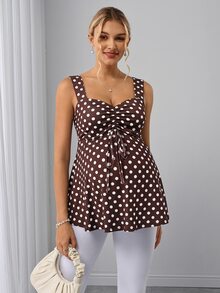 Momance Maternity Camisole Spaghetti Strap, Wide Strap, Cup Design, Front Ruched Tie Design, A-Line Hem, Digital Printed Polka Dot Strap Gender Reveal Summer - Brown - View 7
