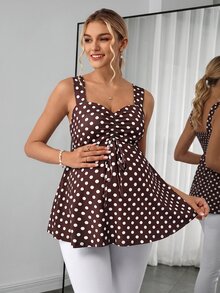 Momance Maternity Camisole Spaghetti Strap, Wide Strap, Cup Design, Front Ruched Tie Design, A-Line Hem, Digital Printed Polka Dot Strap Gender Reveal Summer - Brown - View 1