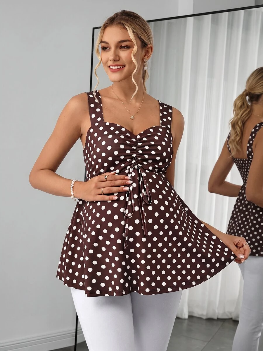 Momance Maternity Camisole Spaghetti Strap, Wide Strap, Cup Design, Front Ruched Tie Design, A-Line Hem, Digital Printed Polka Dot Strap Gender Reveal Summer - Brown - View 1