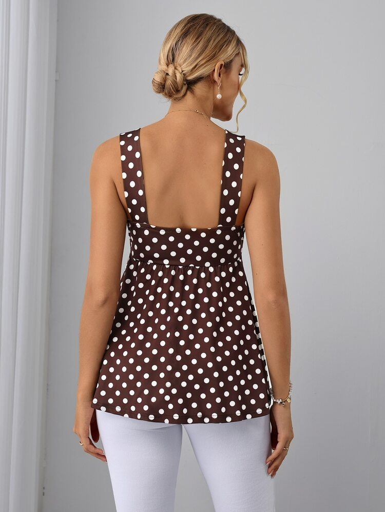 Momance Maternity Camisole Spaghetti Strap, Wide Strap, Cup Design, Front Ruched Tie Design, A-Line Hem, Digital Printed Polka Dot Strap Gender Reveal Summer - Brown - View 3