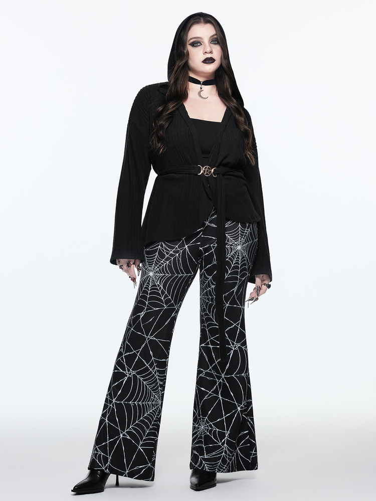 ROMWE Goth Plus Size V-Waist Spider Web Pattern Fitted Flare Leg Pants - Black - View 2