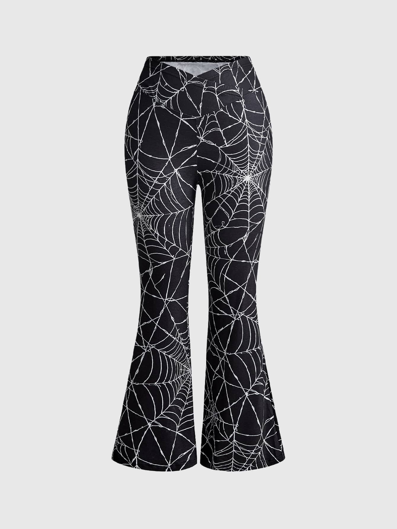 ROMWE Goth Plus Size V-Waist Spider Web Pattern Fitted Flare Leg Pants - Black - View 1