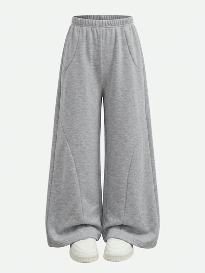 SHEIN Tween Girl Knit Light Kids Gray Loose Casual Baggy Versatile Drawstring Pocket Wide Leg Sweatpants Winter School