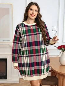 SHEIN LUNE Gaun Rajut Kasual Kotak-kotak Ukuran Besar untuk Wanita, Cocok untuk Sehari-hari, Tema Natal - MultiWarna - View 4