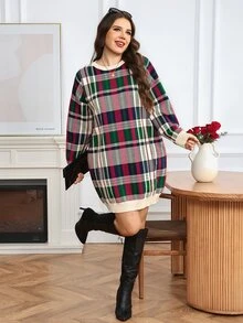 SHEIN LUNE Gaun Rajut Kasual Kotak-kotak Ukuran Besar untuk Wanita, Cocok untuk Sehari-hari, Tema Natal - MultiWarna - View 1