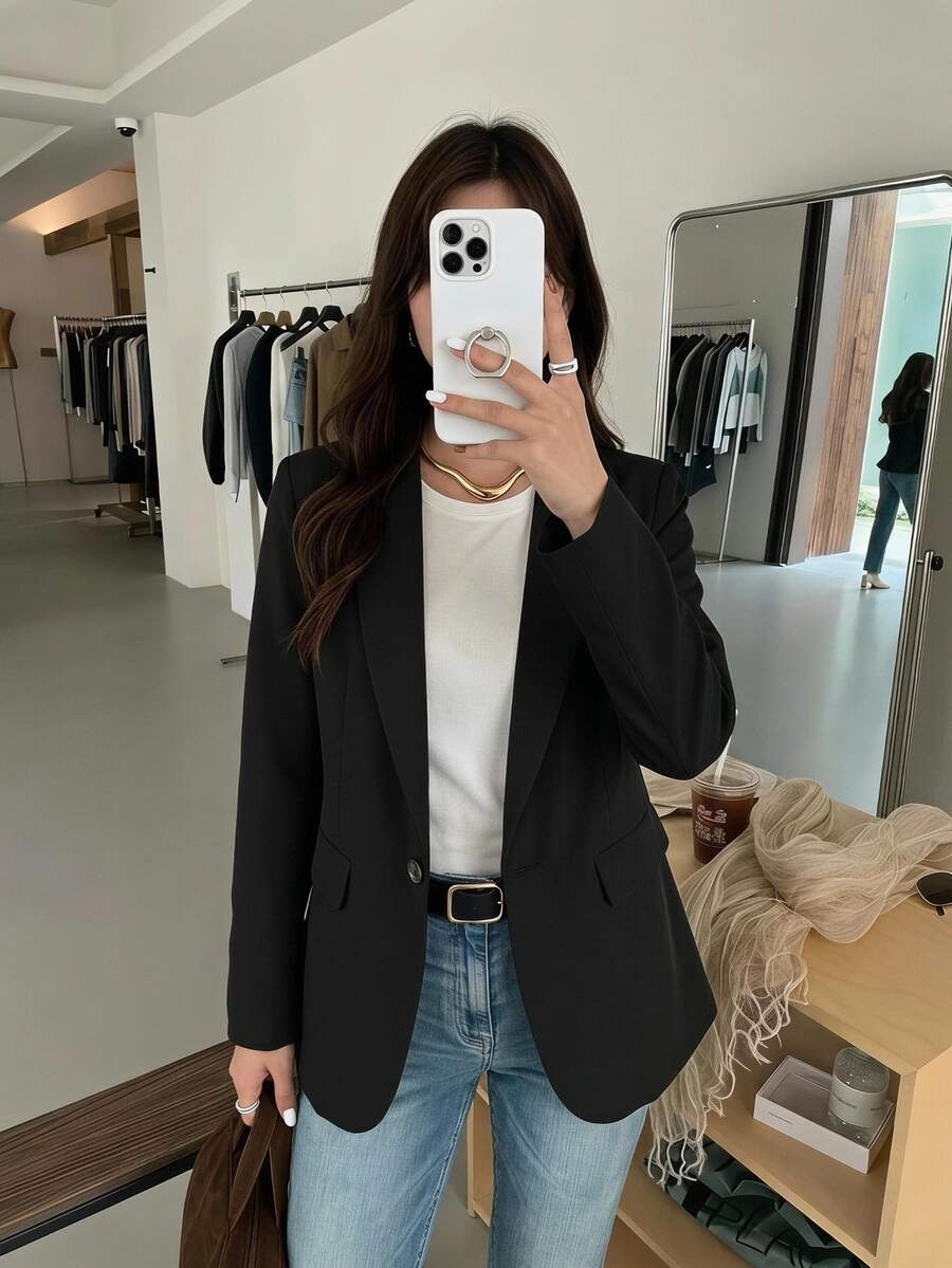 SHEIN LUNE 女款收腰鈕扣設計西裝外套，休閒商務專業風，教師節辦公室穿搭，秋季女裝冬季衣物