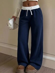 SHEIN 青少年女孩休閒街頭風極簡運動長褲，灰白對比腰帶，秋冬款 - 藏蓝色 - 查看 8