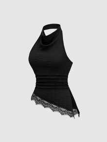 SHEIN EZwear Tank Top Model Halter Neck Tanpa Punggung Bertekstur Baru, Seksi, Elegan, Modis untuk Komuter, Desain Hem Asimetris Serbaguna - Hitam - View 8