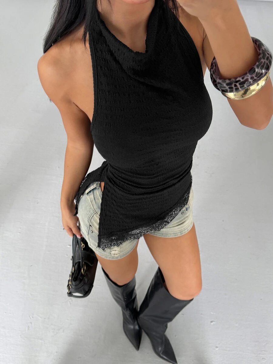 SHEIN EZwear Tank Top Model Halter Neck Tanpa Punggung Bertekstur Baru, Seksi, Elegan, Modis untuk Komuter, Desain Hem Asimetris Serbaguna - Hitam - View 1