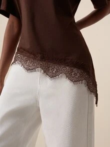 Briarwyn Women's Solid Color Short Sleeve Lace Hem Patchwork Fashion Top - Brown - View 2