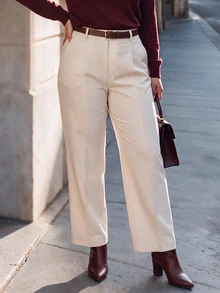 Chikora Plus Size Women Solid Color Pocket Straight Leg Casual Commute Blazer Pants - Apricot - View 3