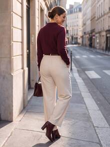 Chikora Plus Size Women Solid Color Pocket Straight Leg Casual Commute Blazer Pants - Apricot - View 2