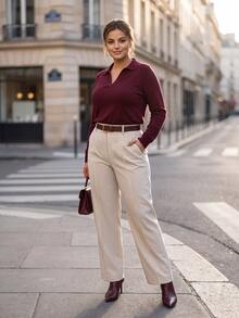 Chikora Plus Size Women Solid Color Pocket Straight Leg Casual Commute Blazer Pants - Apricot - View 7