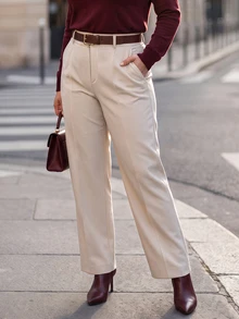 Chikora Plus Size Women Solid Color Pocket Straight Leg Casual Commute Blazer Pants - Apricot - View 1