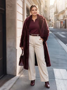 Chikora Plus Size Women Solid Color Pocket Straight Leg Casual Commute Blazer Pants - Apricot - View 6