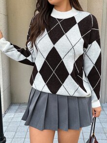 Easura 大尺碼高領菱格紋復古慵懶顯瘦修身長袖百搭套頭毛衣 冬季 - 彩色 - 查看 4