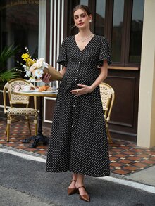 Momance Printed Polka Dot Split Long Ruffle Sleeve Casual Maternity Dress - Black and White - View 8