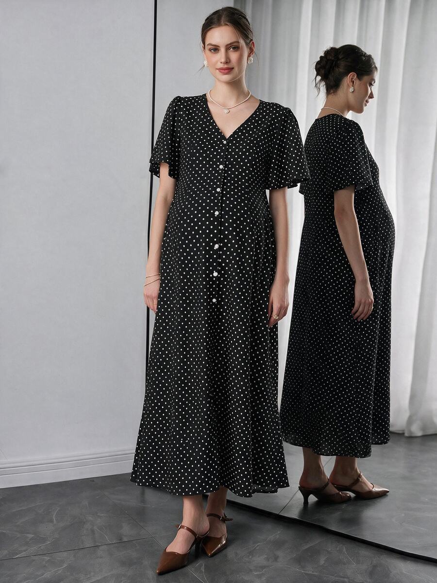 Momance Printed Polka Dot Split Long Ruffle Sleeve Casual Maternity Dress - Black and White - View 1