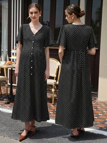 Momance Printed Polka Dot Split Long Ruffle Sleeve Casual Maternity Dress - Black and White - View 2