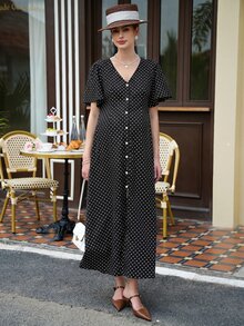 Momance Printed Polka Dot Split Long Ruffle Sleeve Casual Maternity Dress - Black and White - View 5