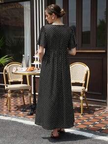 Momance Printed Polka Dot Split Long Ruffle Sleeve Casual Maternity Dress - Black and White - View 4