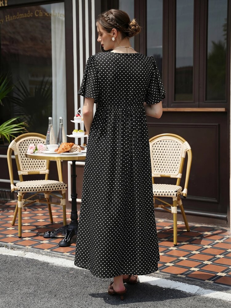 Momance Printed Polka Dot Split Long Ruffle Sleeve Casual Maternity Dress - Black and White - View 4