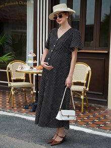 Momance Printed Polka Dot Split Long Ruffle Sleeve Casual Maternity Dress - Black and White - View 3