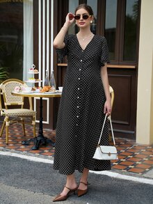 Momance Printed Polka Dot Split Long Ruffle Sleeve Casual Maternity Dress - Black and White - View 6