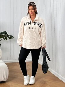 SHEIN EZwear Plus Size Autumn/Winter Casual Baggy Cargo Letter Embroidered Sweatshirt Leggings 2 Pieces Set Fall Vacation Holiday Going Out Beige Black - Black and White - View 8