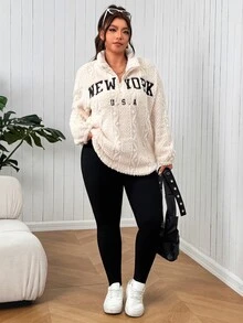 SHEIN EZwear Plus Size Autumn/Winter Casual Baggy Cargo Letter Embroidered Sweatshirt Leggings 2 Pieces Set Fall Vacation Holiday Going Out Beige Black - Black and White - View 7