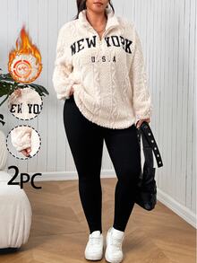 SHEIN EZwear Plus Size Autumn/Winter Casual Baggy Cargo Letter Embroidered Sweatshirt Leggings 2 Pieces Set Fall Vacation Holiday Going Out Beige Black - Black and White - View 2