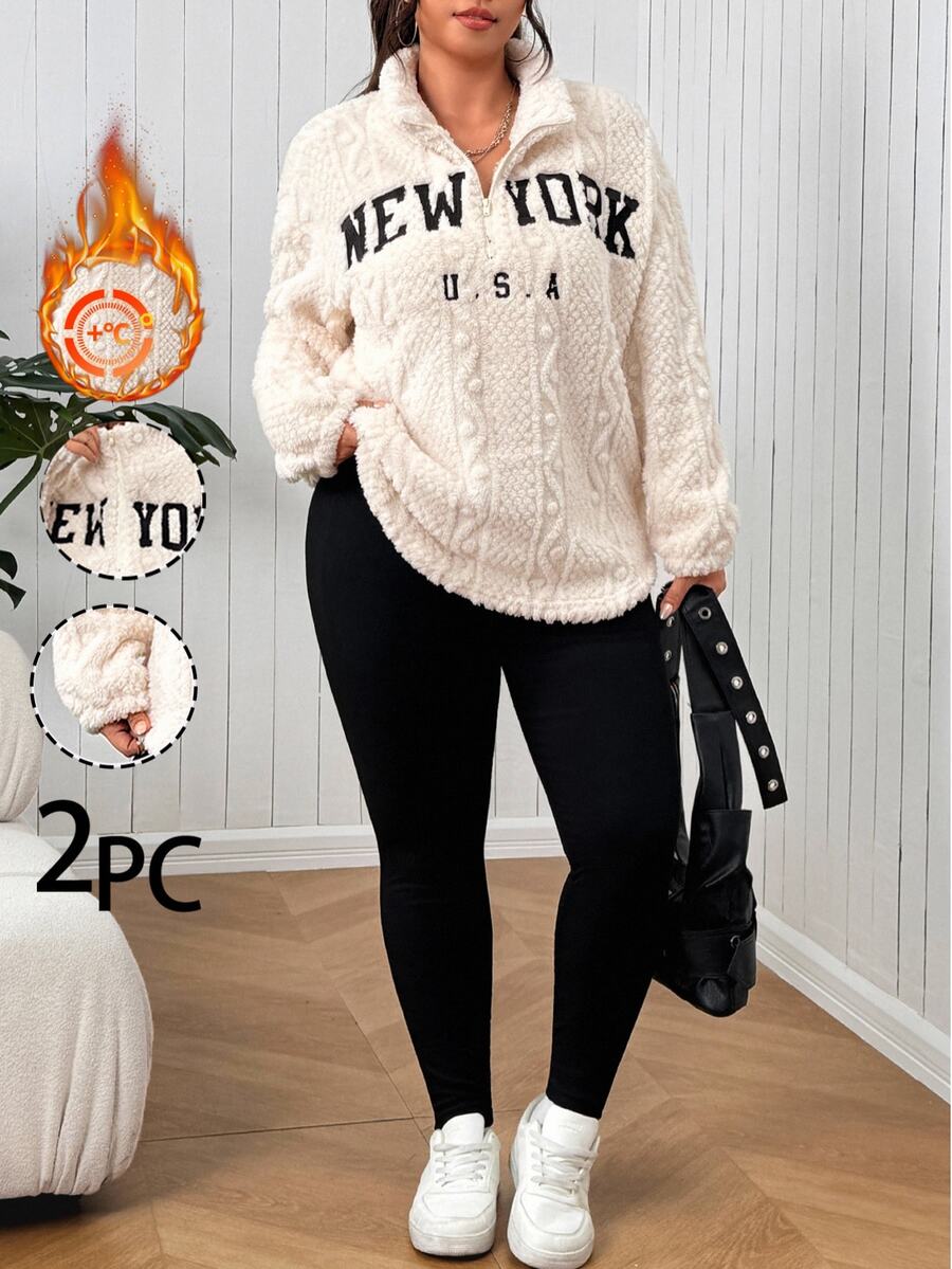 SHEIN EZwear Plus Size Autumn/Winter Casual Baggy Cargo Letter Embroidered Sweatshirt Leggings 2 Pieces Set Fall Vacation Holiday Going Out Beige Black