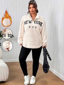 SHEIN EZwear Plus Size Autumn/Winter Casual Baggy Cargo Letter Embroidered Sweatshirt Leggings 2 Pieces Set Fall Vacation Holiday Going Out Beige Black - Black and White - View 6