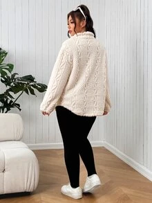 SHEIN EZwear Plus Size Autumn/Winter Casual Baggy Cargo Letter Embroidered Sweatshirt Leggings 2 Pieces Set Fall Vacation Holiday Going Out Beige Black - Black and White - View 3