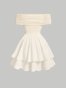 SHEIN Girlism Vestido mini de línea A con hombros descubiertos, cuello cruzado, cintura con volante y volantes por capas para adolescentes y niñas, apto para uso casual y de fiesta - Albaricoque - Ver 2