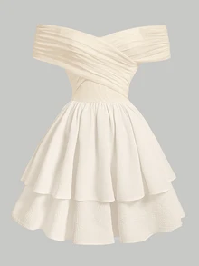 SHEIN Girlism Vestido mini de línea A con hombros descubiertos, cuello cruzado, cintura con volante y volantes por capas para adolescentes y niñas, apto para uso casual y de fiesta - Albaricoque - Ver 3