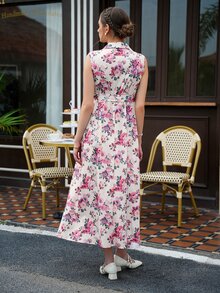 Momance 腮紅粉優雅正式孕婦休閒花卉印花無袖繫帶洋裝，夏季孕婦派對洋裝 - 彩色 - 查看 3
